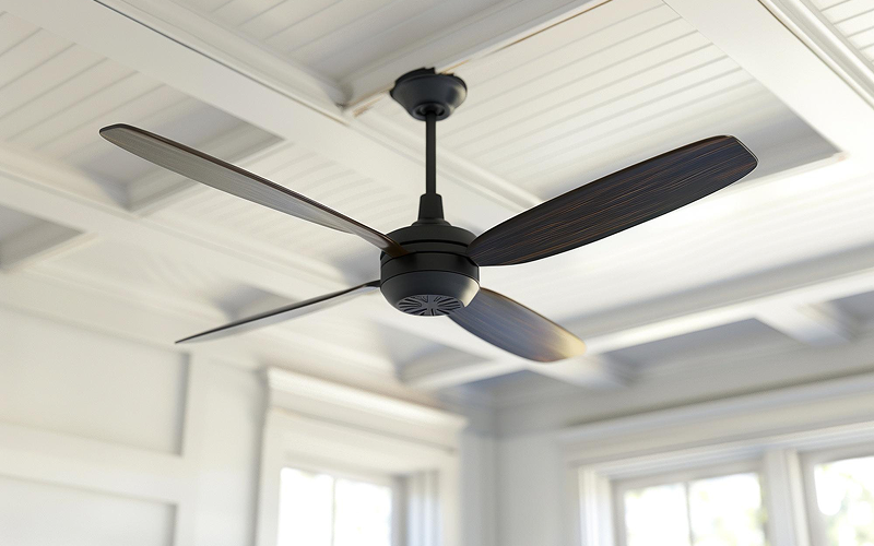 Modern black ceiling fan installed on a white paneled ceiling.