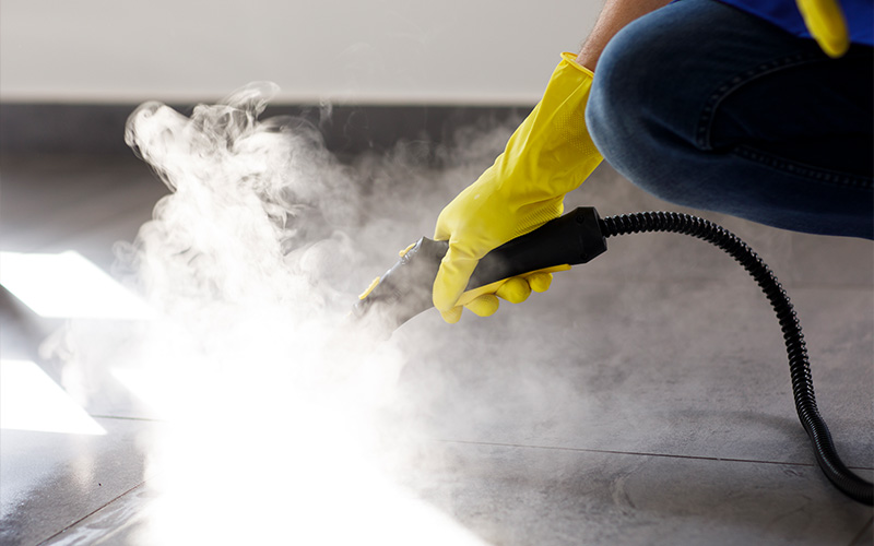 Professional using steam cleaner for a deep house cleaning.