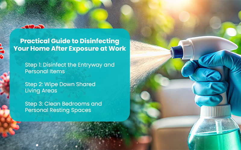 Gloved hand sprays disinfectant in home setting.