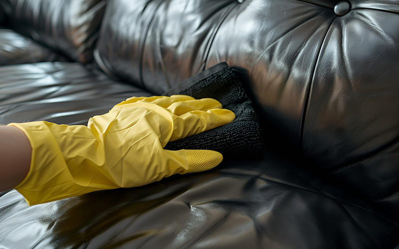 A Professional cleaning a black leather sofa for maintenance