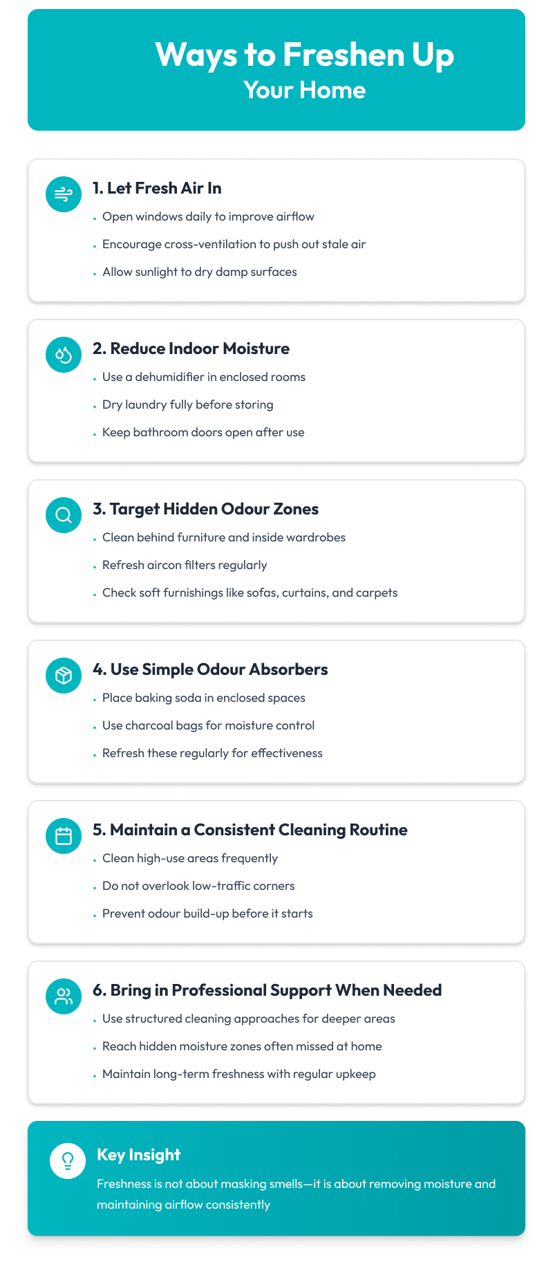 Infographic showing six ways to remove musty smells in homes.
