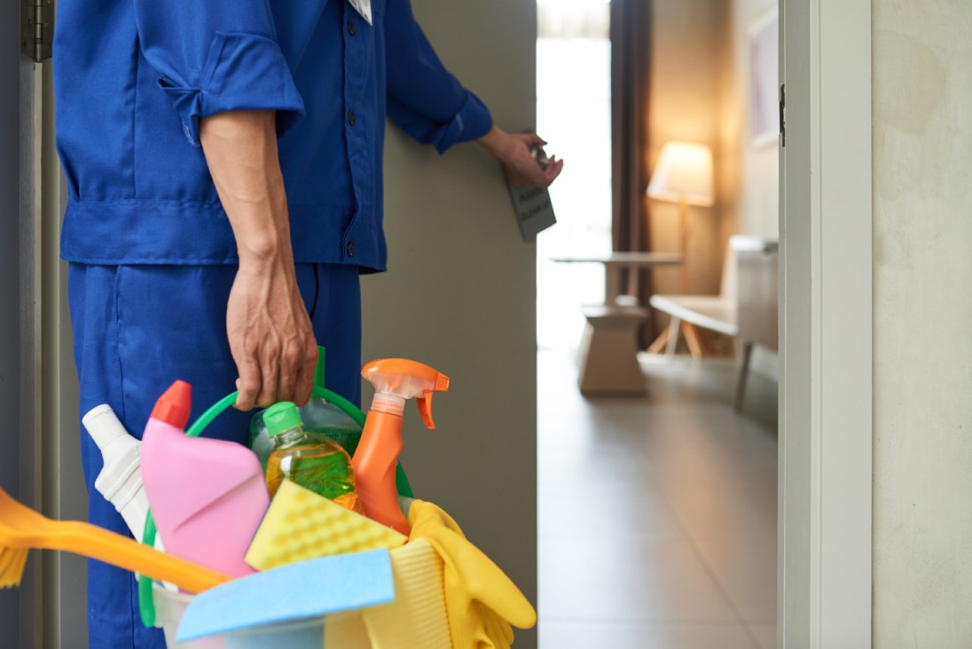 Cleaners walk in hotel